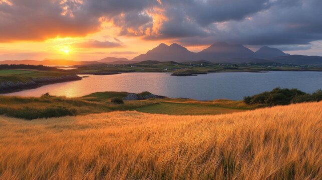 Golden Sunset Over Coastal Irish Mountains and Fields