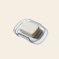 Minimalistic view of a bar of soap in a clear dish against a soft background