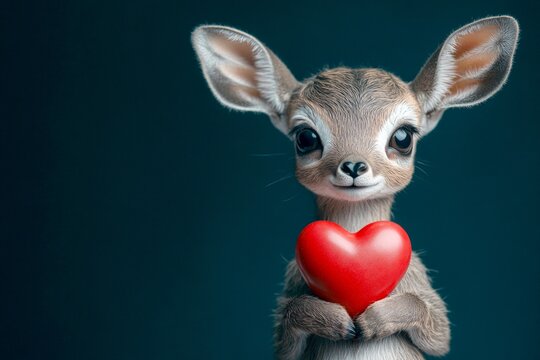 Cute antelope baby with companion animal toy red heart - emblem of love, funny greeting card. Ad campaign concept art. Digital ads concept. Antelope - my beloved animal. Love zoo concepts.