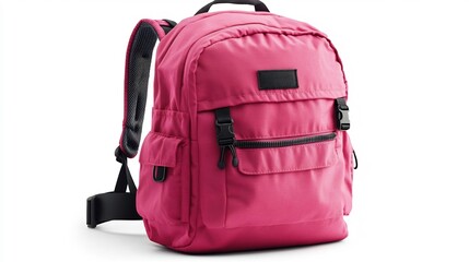 Fototapeta premium Isolated a white background A bright pink backpack with adjustable straps neatly zipped and ready for school