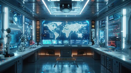 Futuristic Control Room with World Map Display