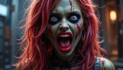 Horrifying Close-up of a Bloody Zombie Woman with Crimson Hair in a Dark Alley