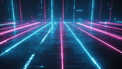 Neon lines, futuristic corridor, glowing, data streams