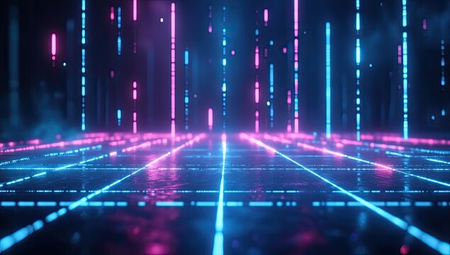 Neon light grid, futuristic floor, digital rain, abstract background