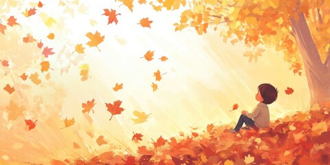 Boy sits peacefully under a tree watching falling autumn leaves