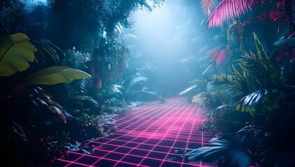 Obraz premium Neon path through a vibrant jungle
