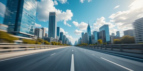Urban skyline drive city center high-resolution photography bright day wide angle modern architecture