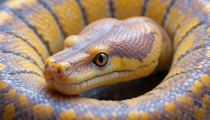 Fototapeta premium Close-up Detailed Portrait of a Stunning Yellow and Gray Ball Python Snake