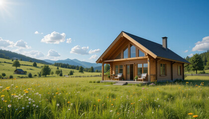 Charming wooden house surrounded by lush green fields mountains scenic viewpoint nature serenity