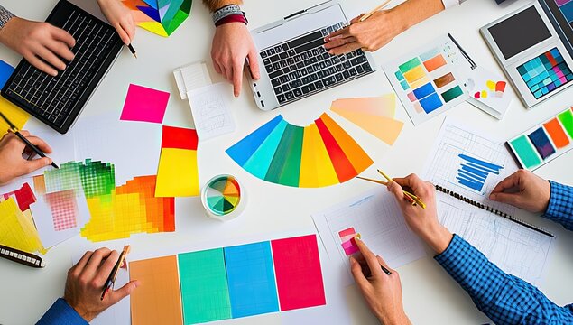 Collaborative design team meeting, color palettes, charts, overhead view