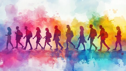 Colorful silhouettes of students walking, watercolor background