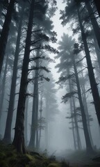 Dark forest with towering trees and misty atmosphere, eerie feeling, woodland, twilight