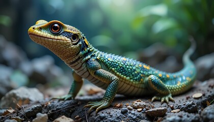 Fototapeta premium Stunning Close-Up of a Vibrant Green and Blue Lizard on Rocks