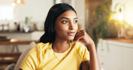 Thinking, woman and relax on sofa at house for weekend, comfortable and calm morning in lounge. Girl, student and resting ideas for self care, stress relief and university break with peace reflection