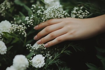 Fototapeta premium A delicate hand rests gently among white flowers