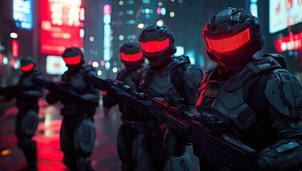 Obraz premium Futuristic soldiers patrol city at night (2)
