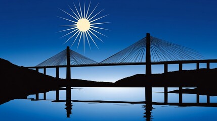 Obraz premium Silhouette bridge, calm water, sunset, hills