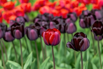 Fototapeta premium Red and Dark Tulips Bloom in a Garden