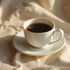 a cup of coffee on a beige linen cloth with soft natural light