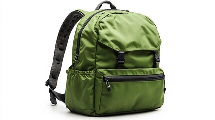 Fototapeta premium Isolated a white background A childs school backpack in bright green neatly zipped up and ready for use