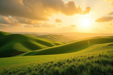 Fototapeta premium Serene Sunset Over Rolling Hills with Warm Golden Light and Soft Clouds