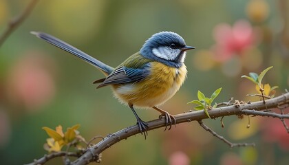Fototapeta premium Vibrant Blue-Capped Yellow Bird Perched on a Branch in a Colorful Garden Setting