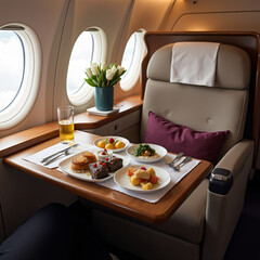 a first class airplane seat with a tray table filled with fine dinning