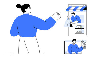 Woman engaging with a mobile shopping app and video call. Ideal for e-commerce, remote work, digital communication, online shopping, technology integration, virtual events, customer engagement