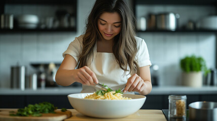 A woman chef garnishing a bowl of gourmet pasta with fresh herbs and grated cheese in a modern, minimalist kitchen setting