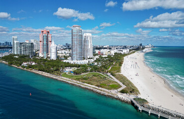 Aerial marina view. Beach vacation. Coastline of Miami. Miami south beach aerial view. Sea beach seashore and coastline. Luxury view. Summer vacation in Miami, US. Sea vacation on beach