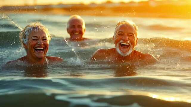 Golden Years Embrace the Sea: A group of joyful seniors frolic in the ocean at sunset, waves gently caressing their faces as laughter echoes, encapsulating the joy of life, health.