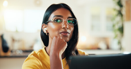 Remote work, thinking and woman in home with computer, ideas and online reading for email. Person, planning and freelancer with laptop, listening to music and internet with decision and choice