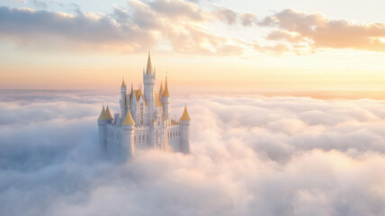 Naklejka premium majestic castle floating above sea of clouds, bathed in golden light