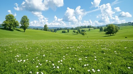 Sunny day, green field, rolling hills, white flowers
