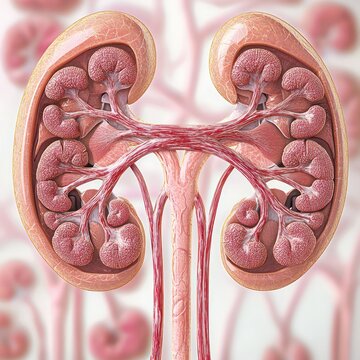 Microscopic kidney structure showing nephron function and blood filtration visualized in a medical model.