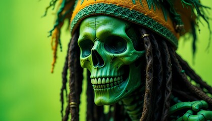 Green Rastafarian Skeleton with Dreadlocks and Hat Close-Up