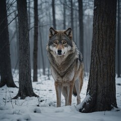 A majestic gray wolf standing on a snowy white background. wolf in snow Majestic Wolf in the Wilderness Majestic Gray Wolf in a Snowy Forest