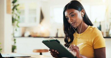 Tablet, stylus and freelancer with woman at home for virtual coaching, membership or subscription...