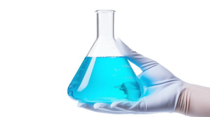 Scientist Holding Flask with Blue Liquid in Lab
