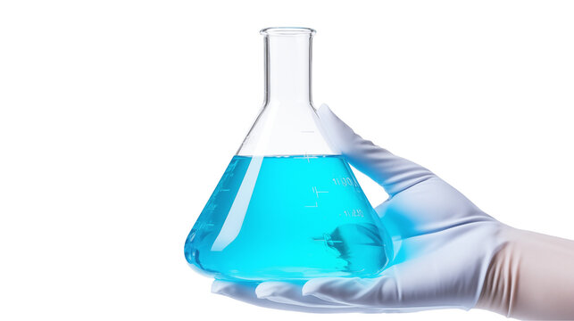 Scientist Holding Flask with Blue Liquid in Lab