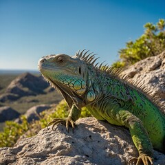 Fototapeta premium A sun-soaked lizard basks on a warm stone, its shimmering scales catching the light. A lizard basking on a rock. Exotic Reptile of iguana with various colors of nature