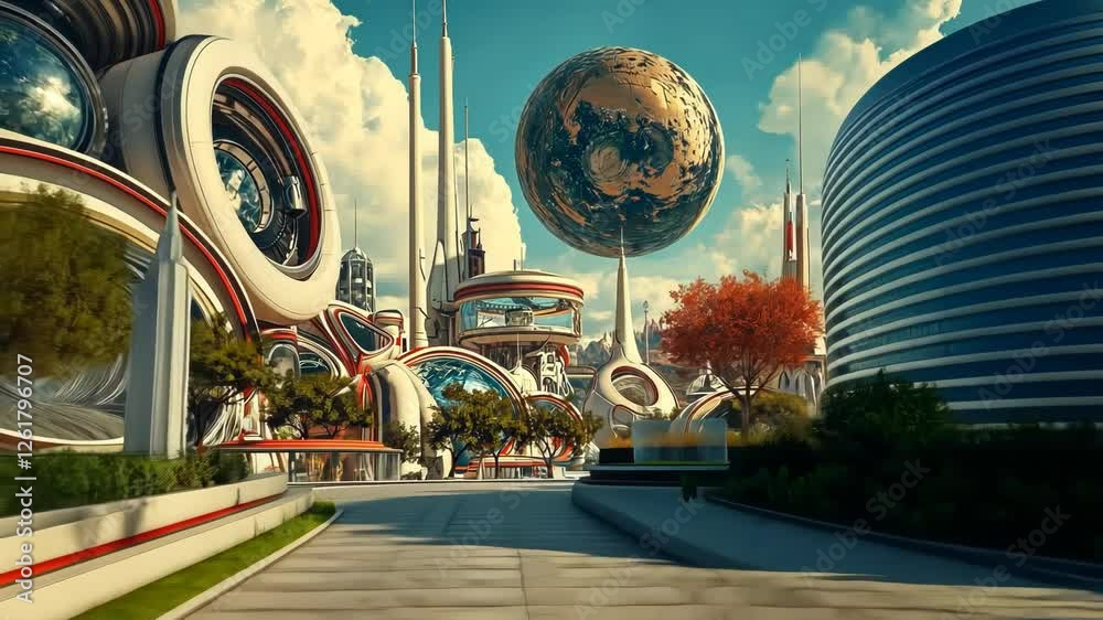 Poster retrofuturistic landscape in mid-century sci-fi style. retro science fiction scene with futuristic c