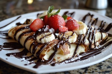 Delicious Chocolate Crepes Topped With Strawberries And Bananas