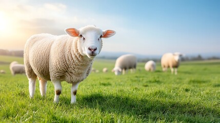 Sheep grazing in a lush green meadow countryside nature photography daylight serene atmosphere
