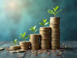 Step by step concept. financial growth leads to wealth. Plant growing from a pile of coins for long-term investment growth concept.