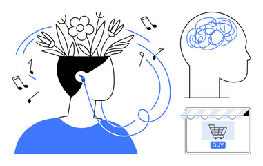 Minimalist design of person with flowers and notes emanating from head, headphones, abstract brain sketch, online shopcart. Ideal for creativity, relaxation, e-commerce, mindfulness, music therapy