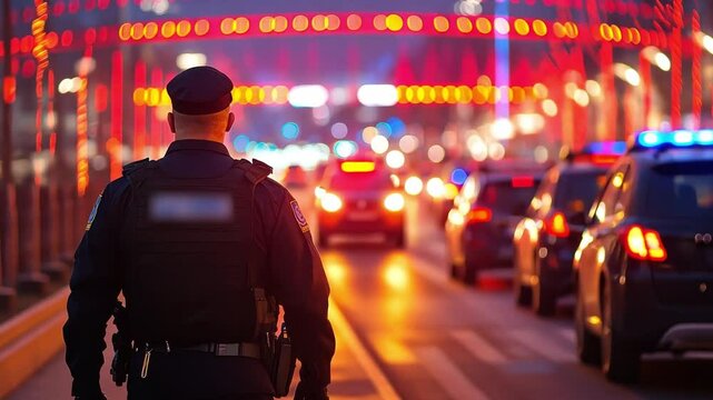 Guardian of the Night: A vigilant police officer stands guard on a city street illuminated by the lights of patrol cars and urban ambiance, symbolizing safety and order.
