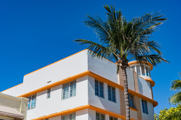 Fototapeta premium Architectural district Art Deco. Modern building of Miami beach. Ocean drive. Miami Beach in Ocean Drive Florida. Art Deco building architecture. Architectural building designs. Art deco