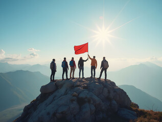 Success concept. Team standing on the mountaintop with holding a flag of achievement.