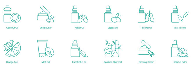 Natural Hair and Skin Care Oils and Products Vector Icon Set